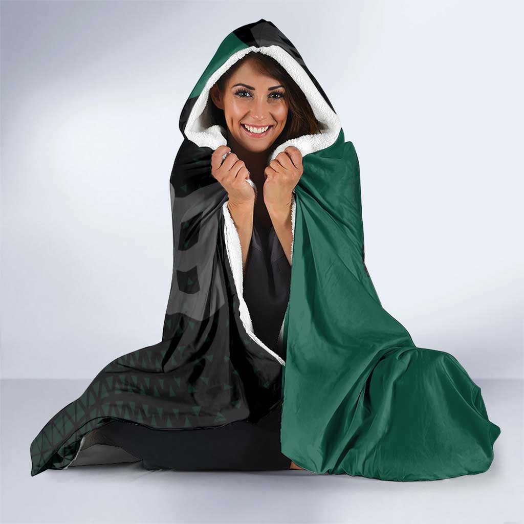 Brook One Piece Basketball Theme Green and Black Design Hooded Blanket with Skull Emblem and Energetic Pose - The Mazicc