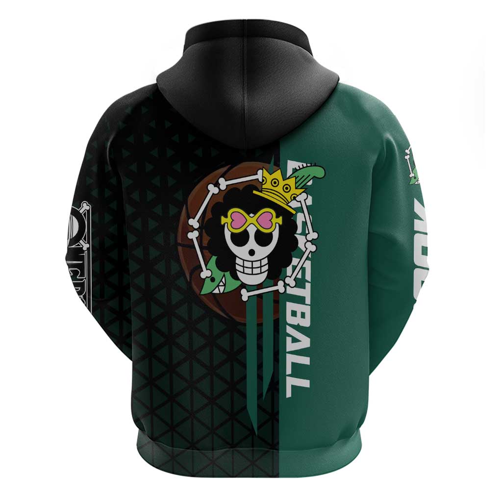 Brook One Piece Basketball Theme Green and Black Design Hoodie with Skull Emblem and Energetic Pose - The Mazicc