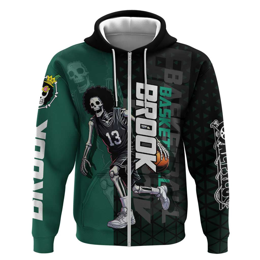 Brook One Piece Basketball Theme Green and Black Design Hoodie with Skull Emblem and Energetic Pose - The Mazicc