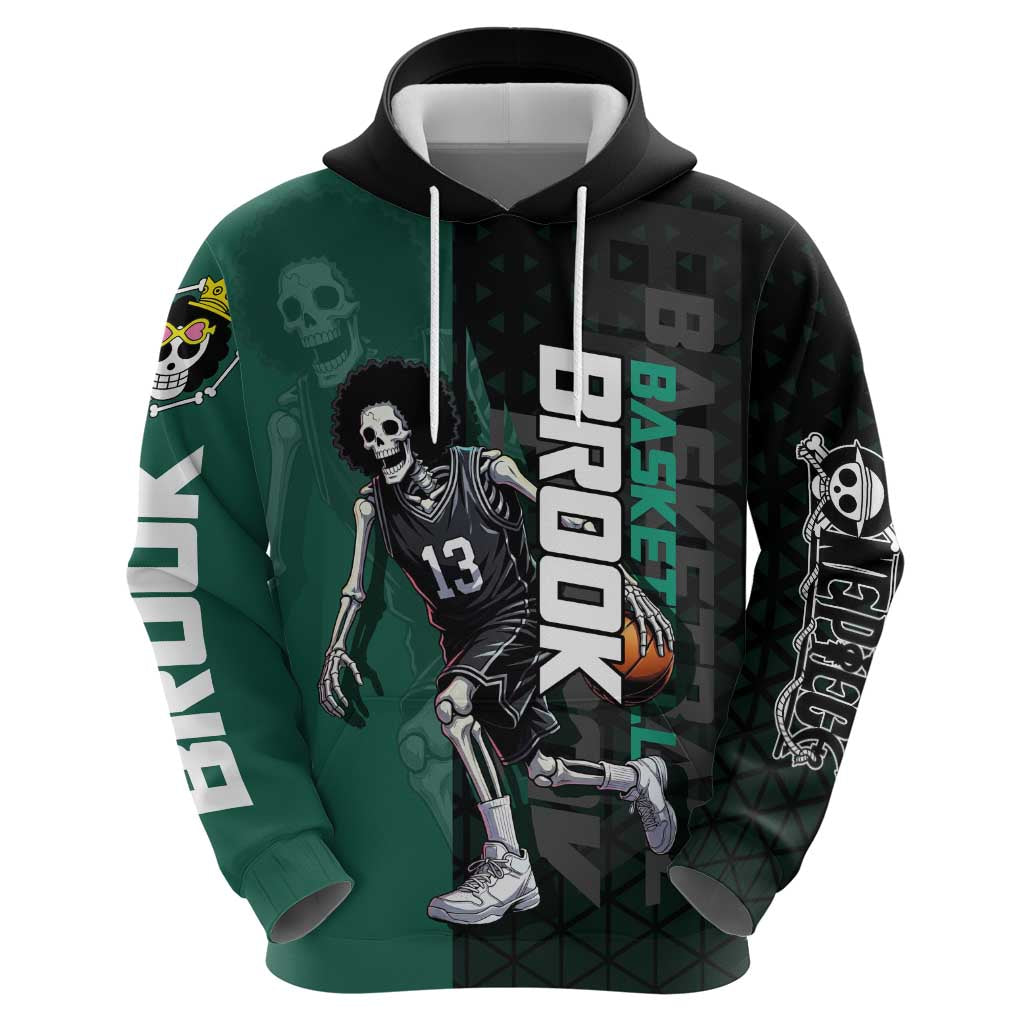 Brook One Piece Basketball Theme Green and Black Design Hoodie with Skull Emblem and Energetic Pose - The Mazicc