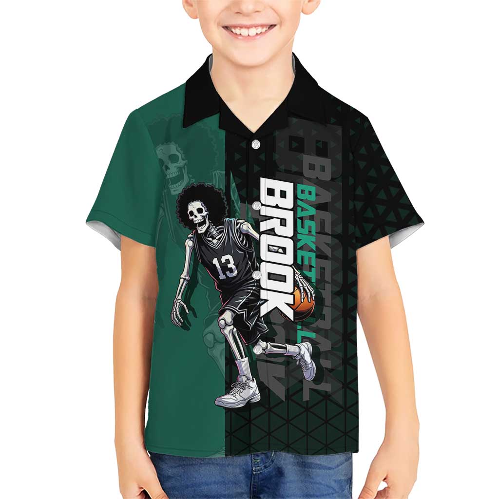 Brook One Piece Basketball Theme Green and Black Design Kid Hawaiian Shirt with Skull Emblem and Energetic Pose - The Mazicc