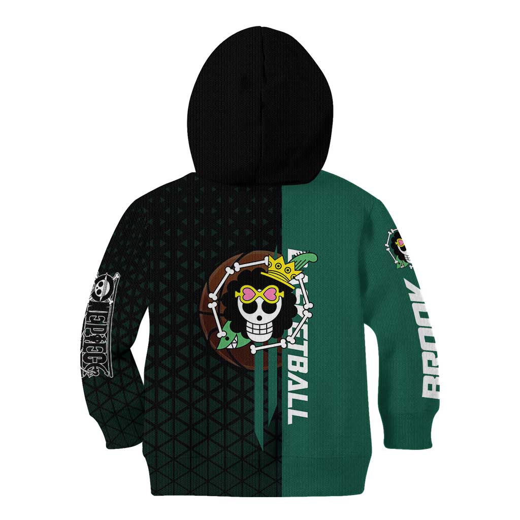 Brook One Piece Basketball Theme Green and Black Design Kid Hoodie with Skull Emblem and Energetic Pose - The Mazicc