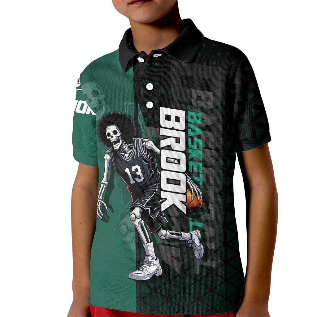 Brook One Piece Basketball Theme Green and Black Design Kid Polo Shirt with Skull Emblem and Energetic Pose - The Mazicc
