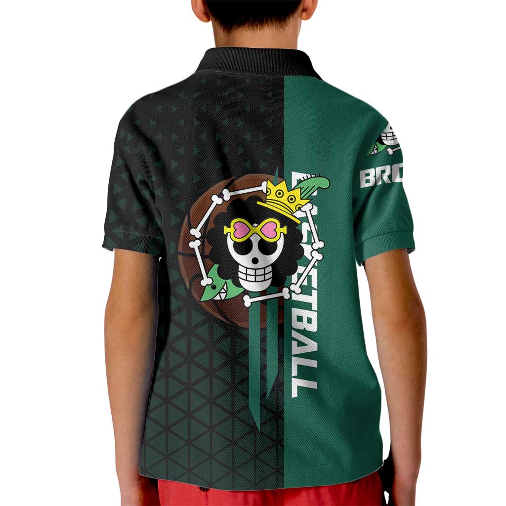 Brook One Piece Basketball Theme Green and Black Design Kid Polo Shirt with Skull Emblem and Energetic Pose - The Mazicc