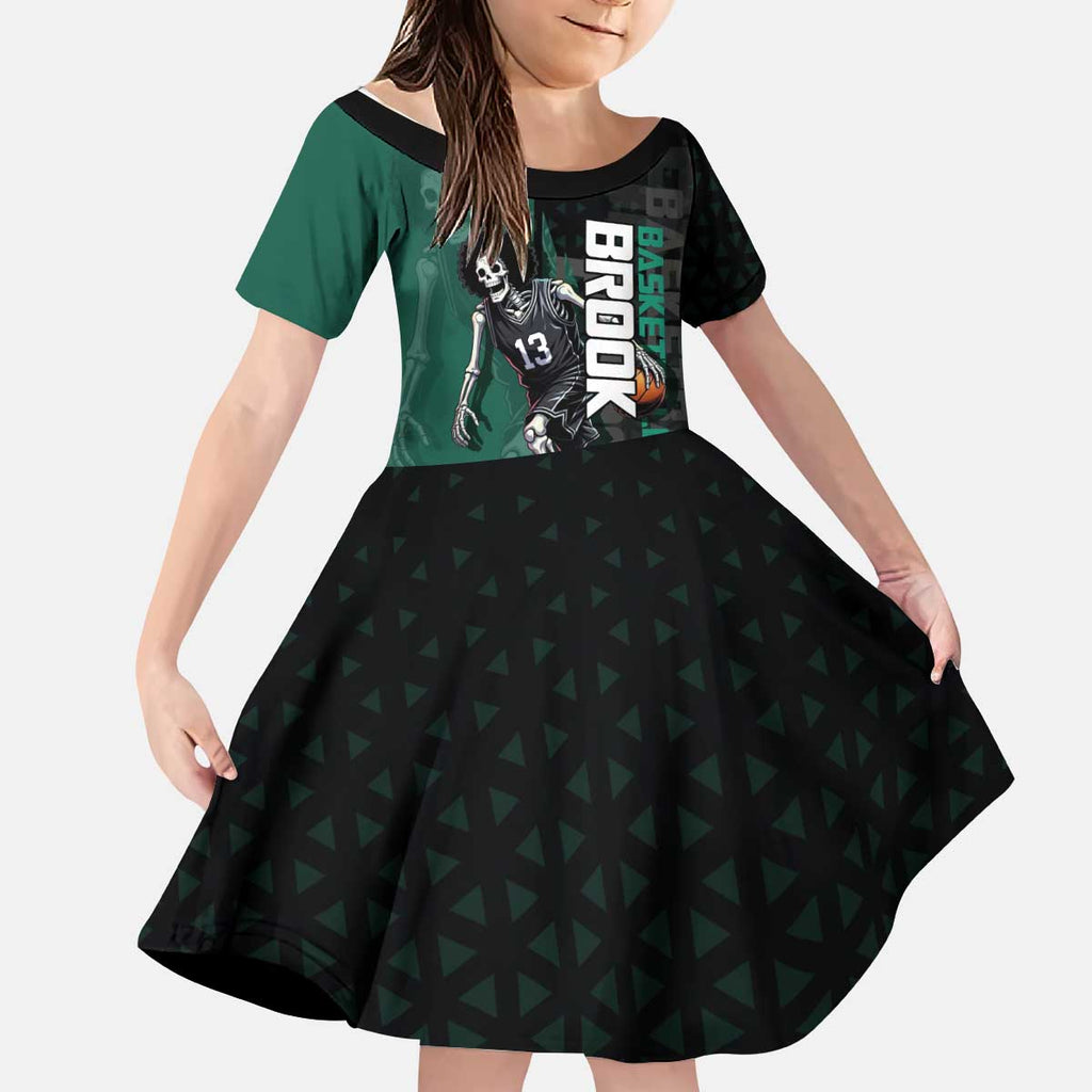 Brook One Piece Basketball Theme Green and Black Design Kid Short Sleeve Dress with Skull Emblem and Energetic Pose - The Mazicc