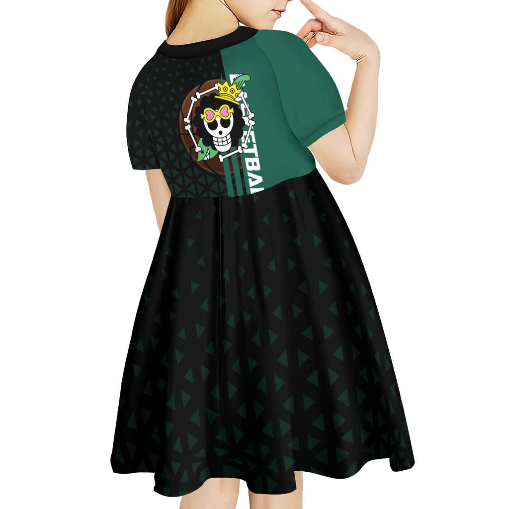 Brook One Piece Basketball Theme Green and Black Design Kid Short Sleeve Dress with Skull Emblem and Energetic Pose - The Mazicc