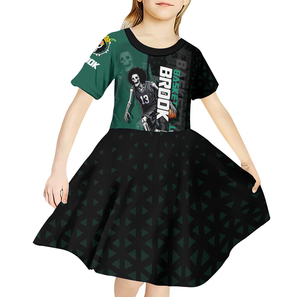 Brook One Piece Basketball Theme Green and Black Design Kid Short Sleeve Dress with Skull Emblem and Energetic Pose - The Mazicc