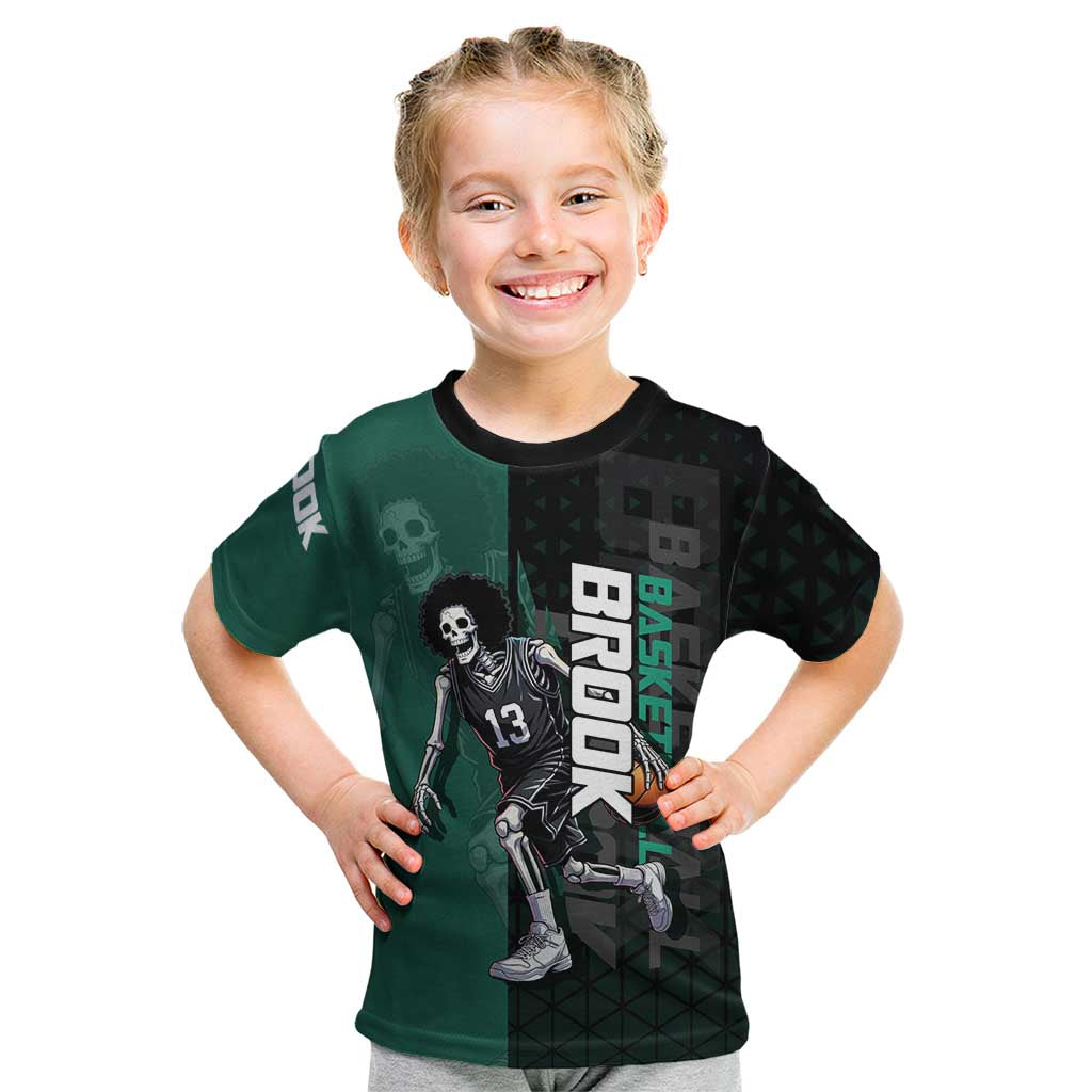 Brook One Piece Basketball Theme Green and Black Design Kid T Shirt with Skull Emblem and Energetic Pose - The Mazicc