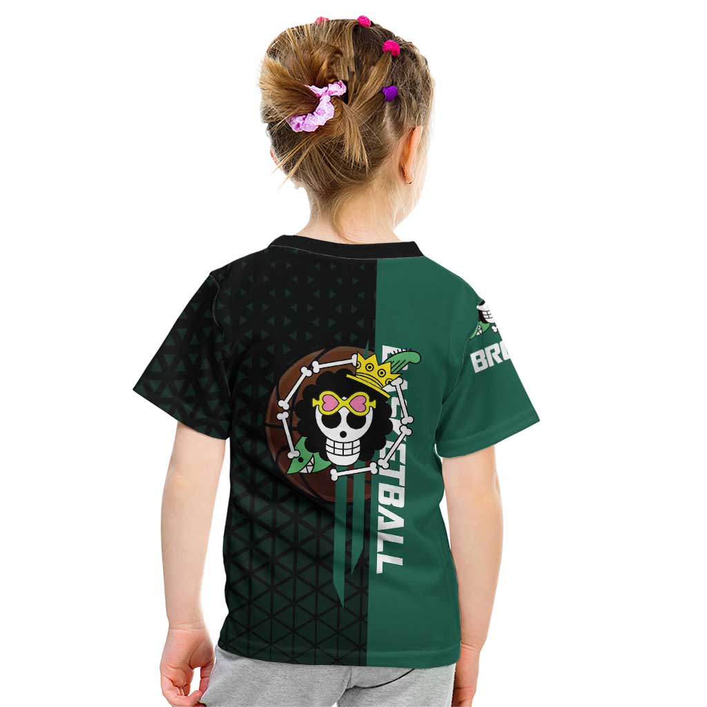 Brook One Piece Basketball Theme Green and Black Design Kid T Shirt with Skull Emblem and Energetic Pose - The Mazicc