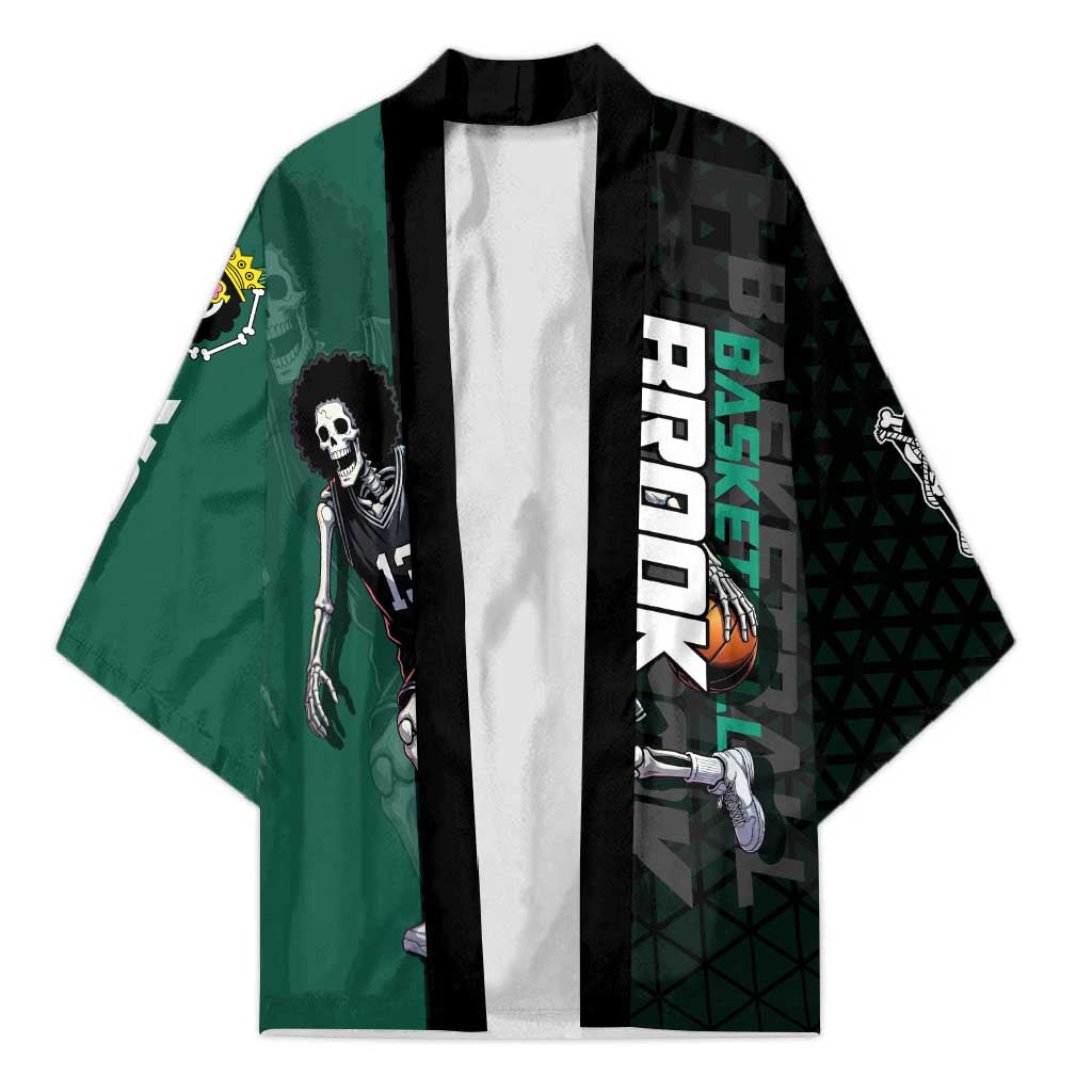 Brook One Piece Basketball Theme Green and Black Design Kimono with Skull Emblem and Energetic Pose - The Mazicc