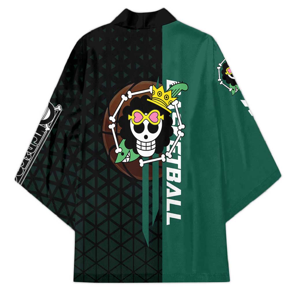Brook One Piece Basketball Theme Green and Black Design Kimono with Skull Emblem and Energetic Pose - The Mazicc