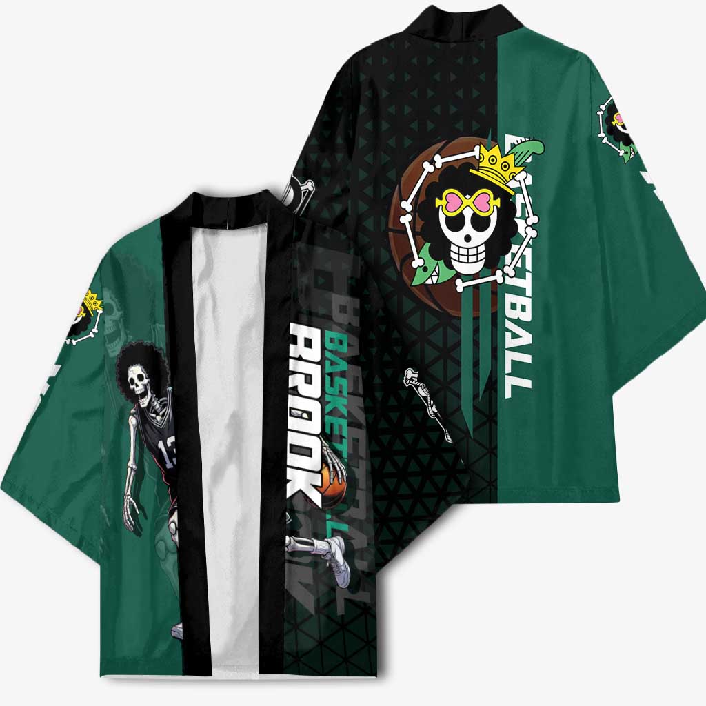 Brook One Piece Basketball Theme Green and Black Design Kimono with Skull Emblem and Energetic Pose - The Mazicc