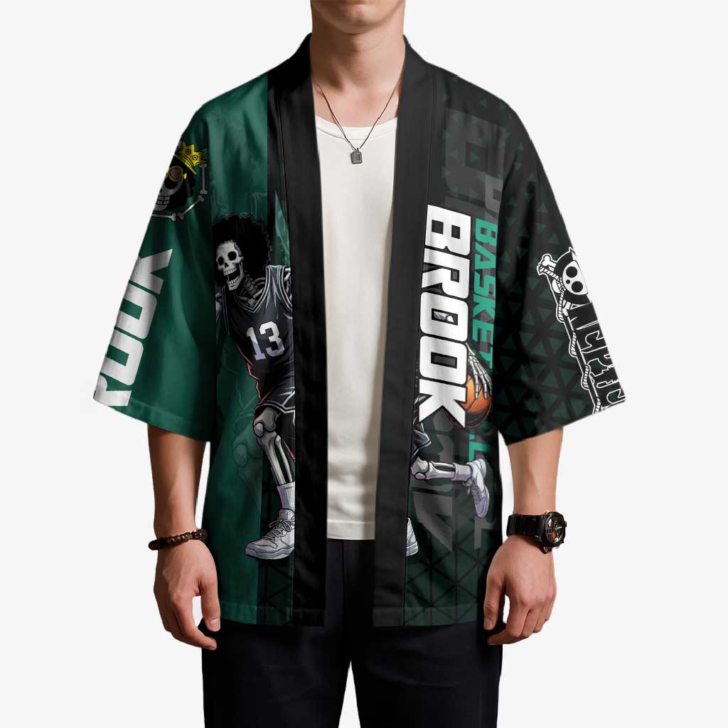 Brook One Piece Basketball Theme Green and Black Design Kimono with Skull Emblem and Energetic Pose - The Mazicc