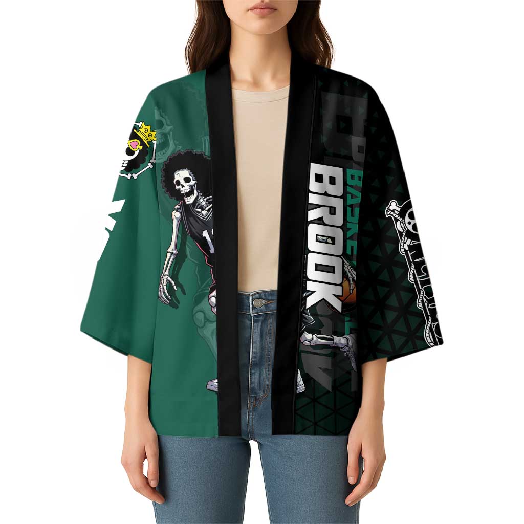 Brook One Piece Basketball Theme Green and Black Design Kimono with Skull Emblem and Energetic Pose - The Mazicc