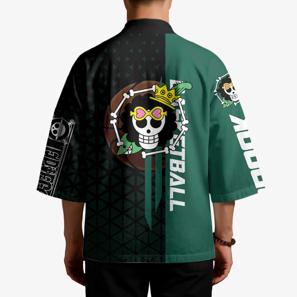 Brook One Piece Basketball Theme Green and Black Design Kimono with Skull Emblem and Energetic Pose - The Mazicc