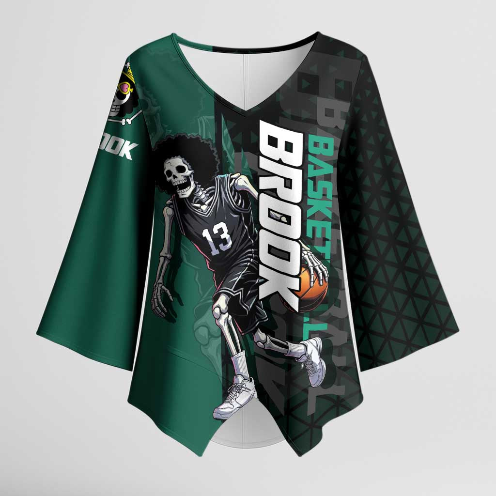 Brook One Piece Basketball Theme Green and Black Design Kimono Sleeve Blouse with Skull Emblem and Energetic Pose - The Mazicc