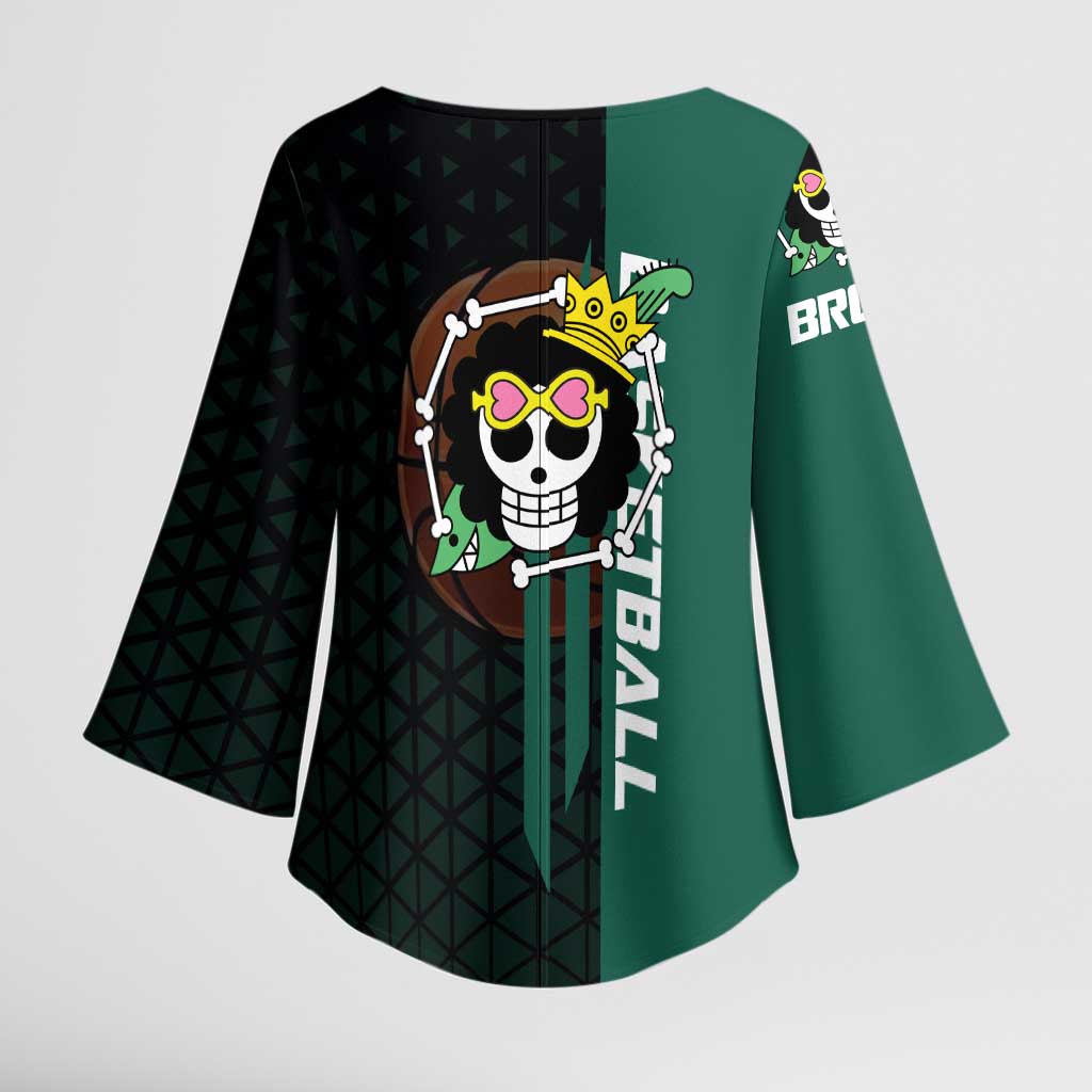 Brook One Piece Basketball Theme Green and Black Design Kimono Sleeve Blouse with Skull Emblem and Energetic Pose - The Mazicc