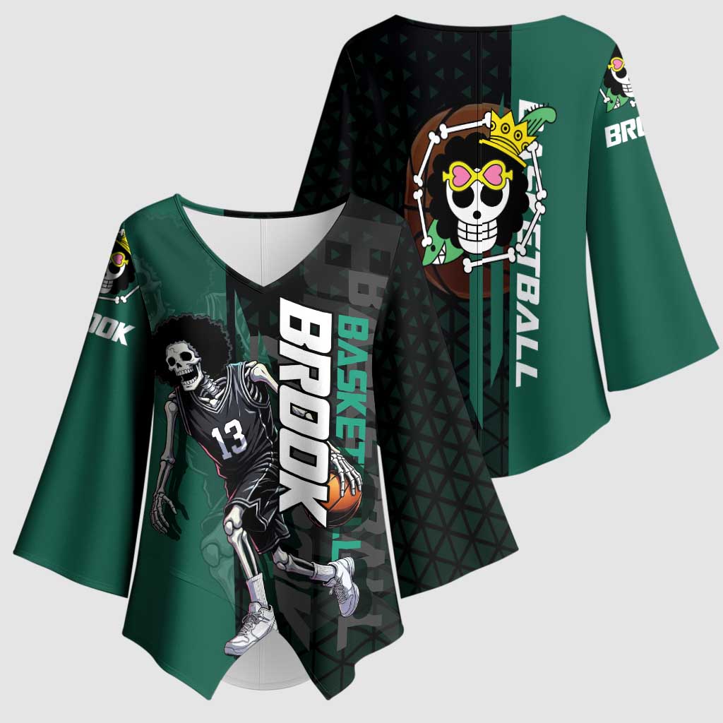 Brook One Piece Basketball Theme Green and Black Design Kimono Sleeve Blouse with Skull Emblem and Energetic Pose - The Mazicc