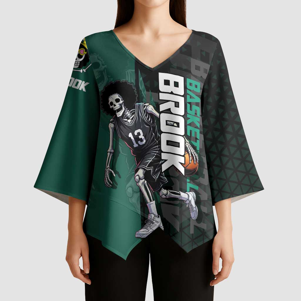 Brook One Piece Basketball Theme Green and Black Design Kimono Sleeve Blouse with Skull Emblem and Energetic Pose - The Mazicc