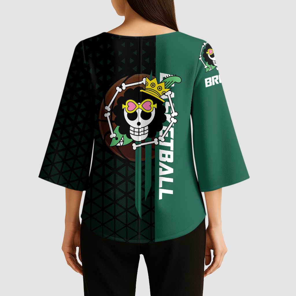 Brook One Piece Basketball Theme Green and Black Design Kimono Sleeve Blouse with Skull Emblem and Energetic Pose - The Mazicc