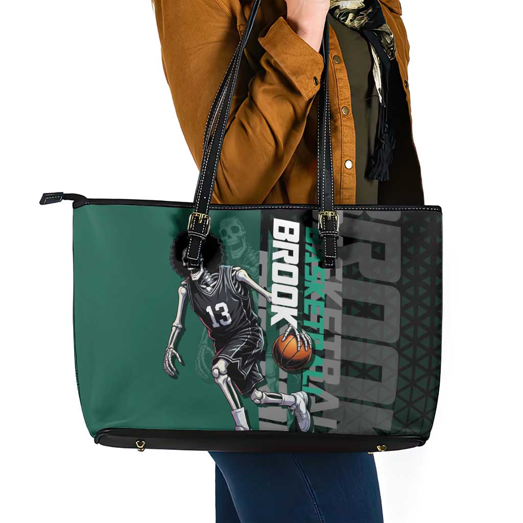 Brook One Piece Basketball Theme Green and Black Design Leather Tote Bag with Skull Emblem and Energetic Pose - The Mazicc