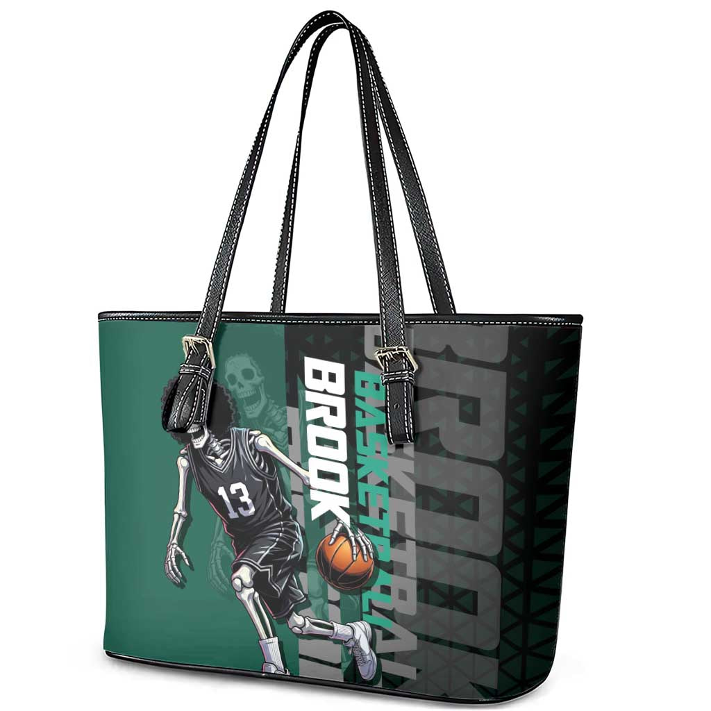 Brook One Piece Basketball Theme Green and Black Design Leather Tote Bag with Skull Emblem and Energetic Pose - The Mazicc
