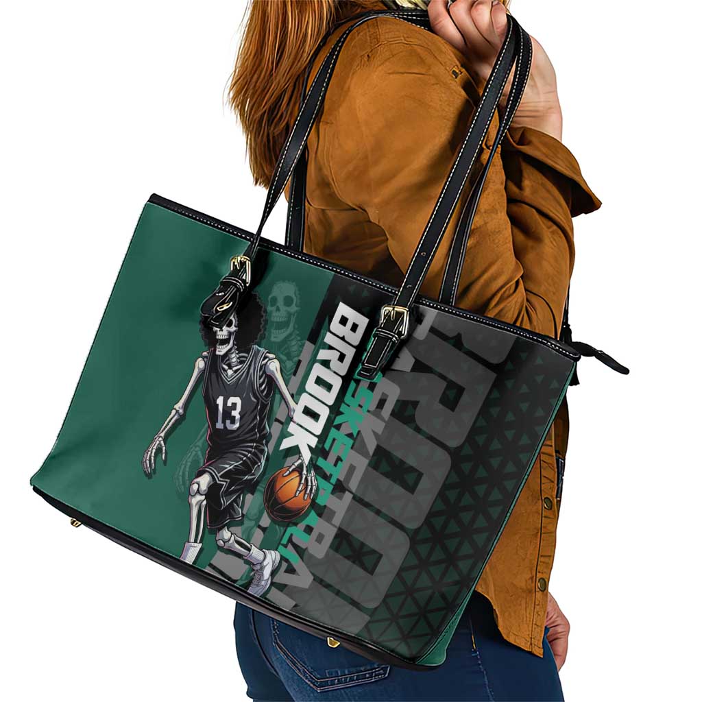 Brook One Piece Basketball Theme Green and Black Design Leather Tote Bag with Skull Emblem and Energetic Pose - The Mazicc
