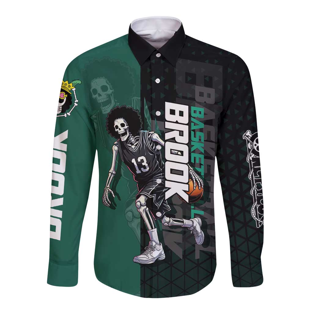 Brook One Piece Basketball Theme Green and Black Design Long Sleeve Button Shirt with Skull Emblem and Energetic Pose - The Mazicc