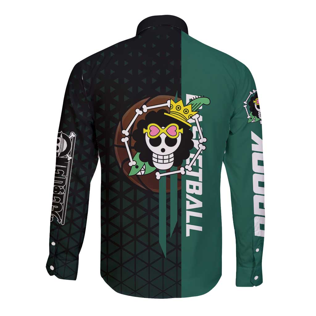 Brook One Piece Basketball Theme Green and Black Design Long Sleeve Button Shirt with Skull Emblem and Energetic Pose - The Mazicc