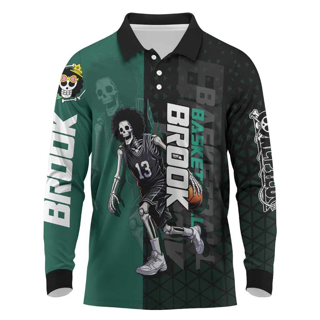 Brook One Piece Basketball Theme Green and Black Design Long Sleeve Polo Shirt with Skull Emblem and Energetic Pose - The Mazicc