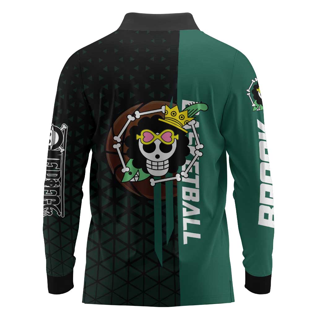 Brook One Piece Basketball Theme Green and Black Design Long Sleeve Polo Shirt with Skull Emblem and Energetic Pose - The Mazicc