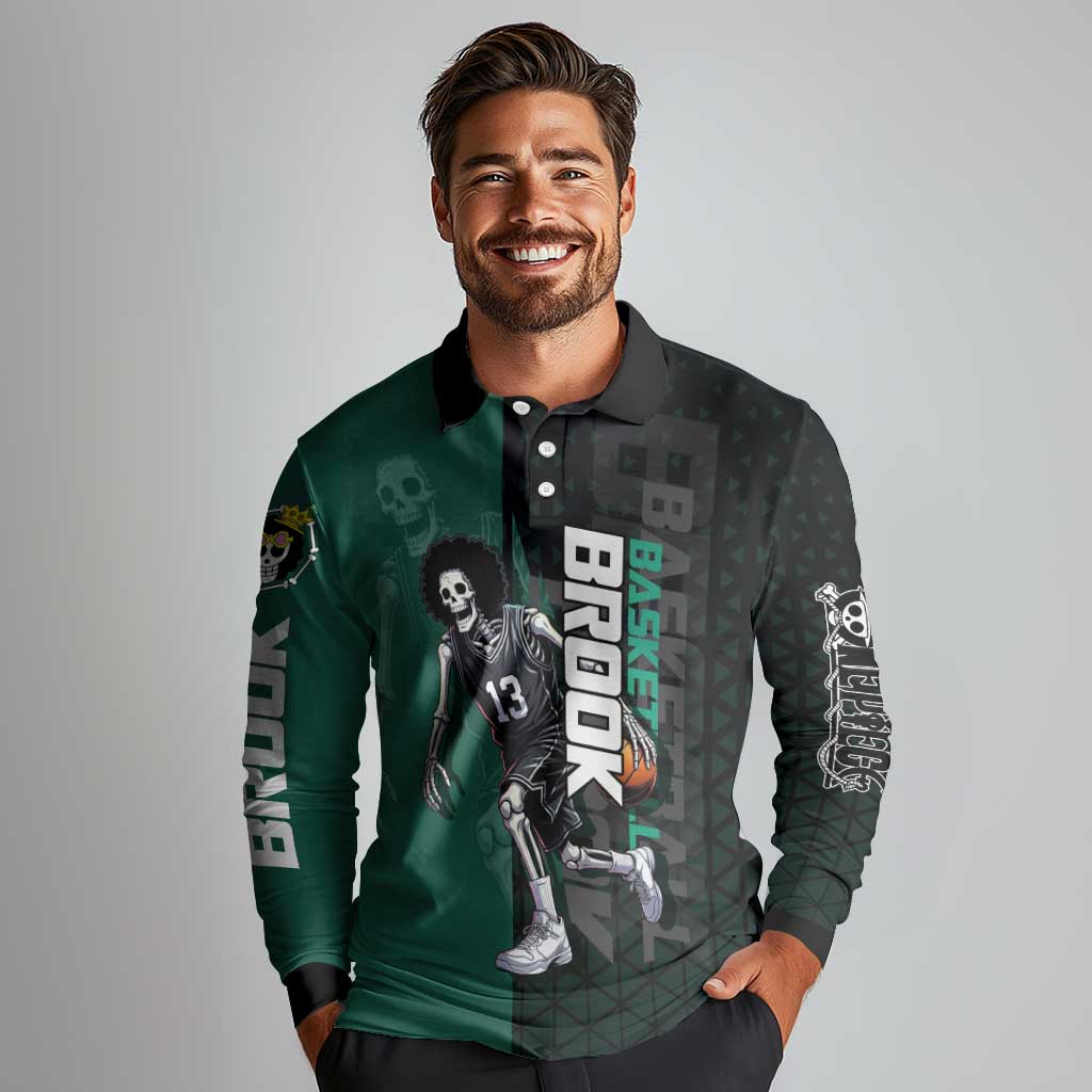 Brook One Piece Basketball Theme Green and Black Design Long Sleeve Polo Shirt with Skull Emblem and Energetic Pose - The Mazicc