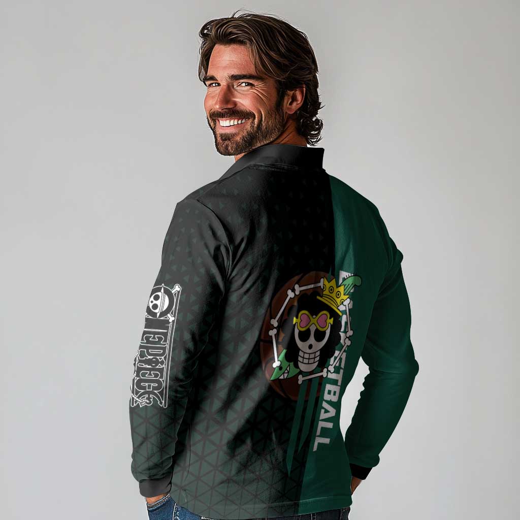 Brook One Piece Basketball Theme Green and Black Design Long Sleeve Polo Shirt with Skull Emblem and Energetic Pose - The Mazicc