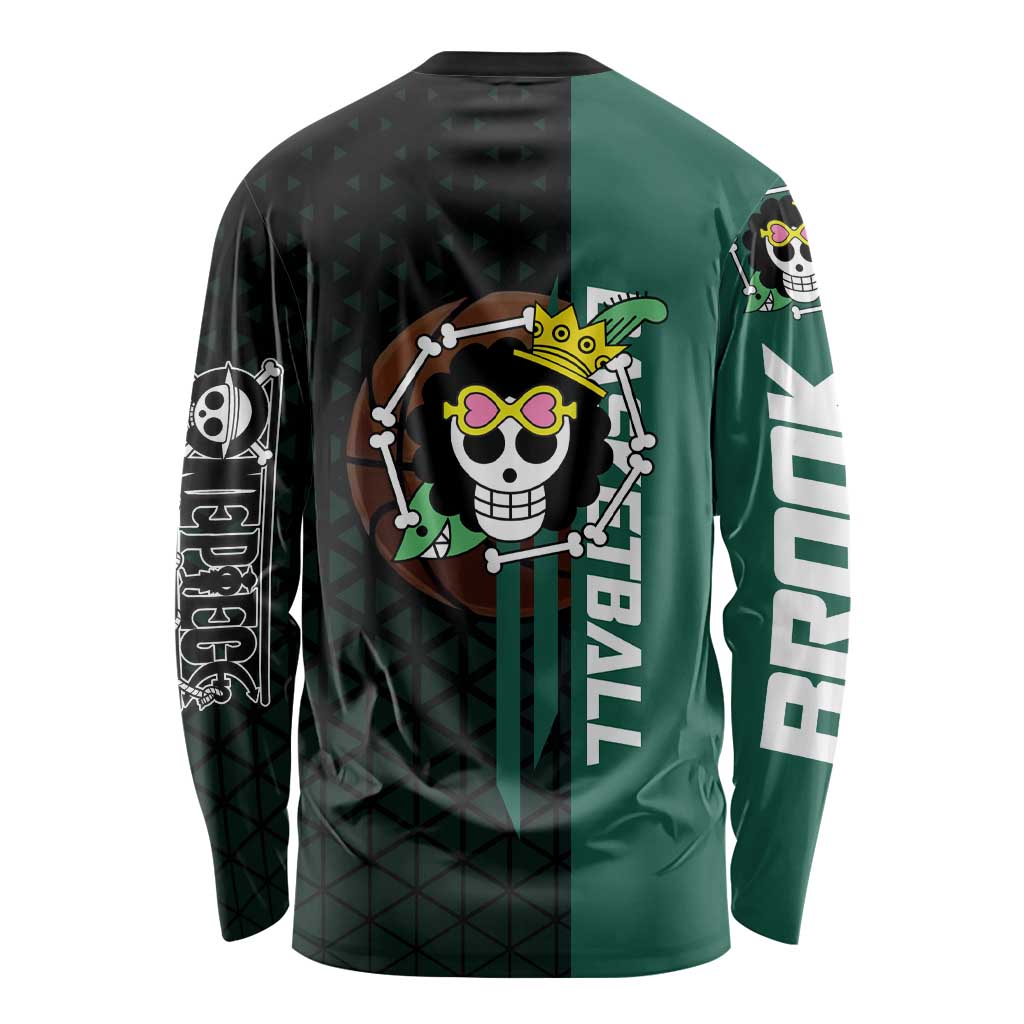 Brook One Piece Basketball Theme Green and Black Design Long Sleeve Shirt with Skull Emblem and Energetic Pose - The Mazicc