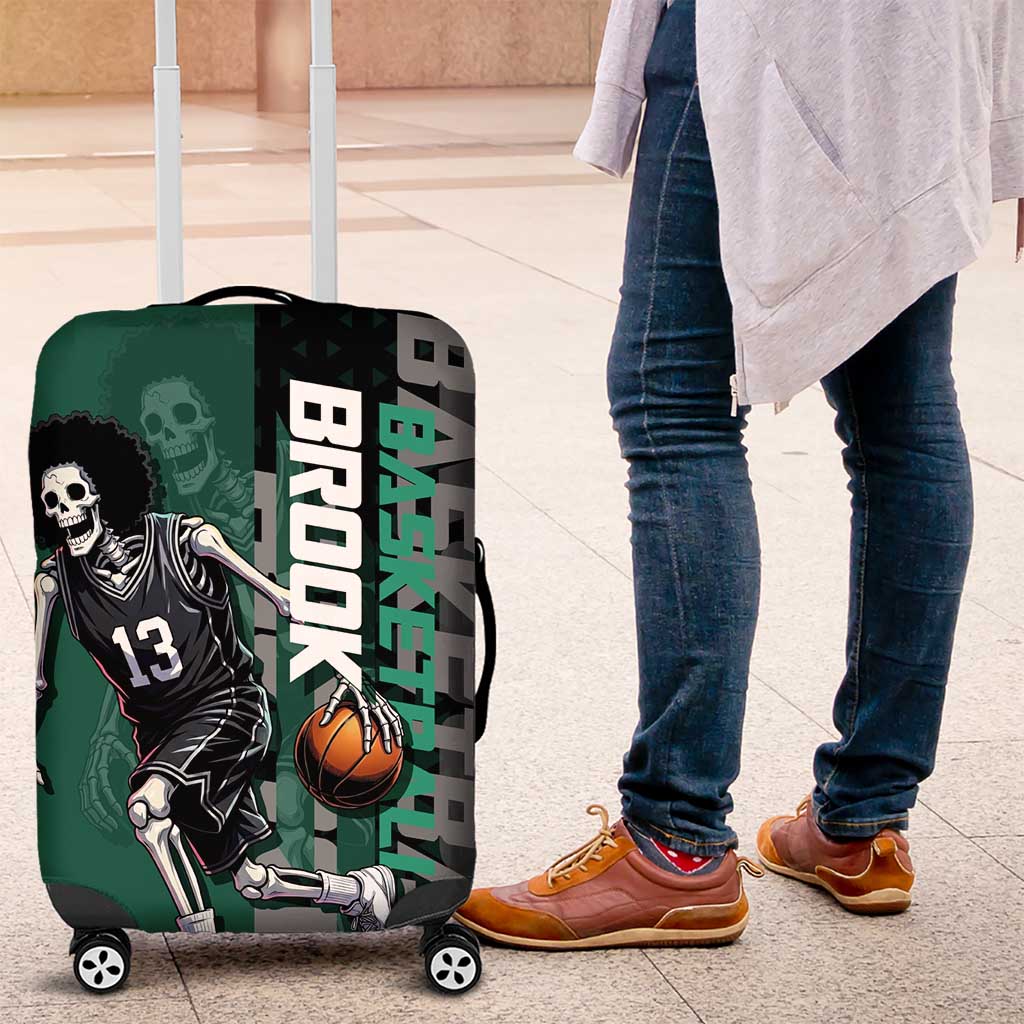 Brook One Piece Basketball Theme Green and Black Design Luggage Cover with Skull Emblem and Energetic Pose - The Mazicc