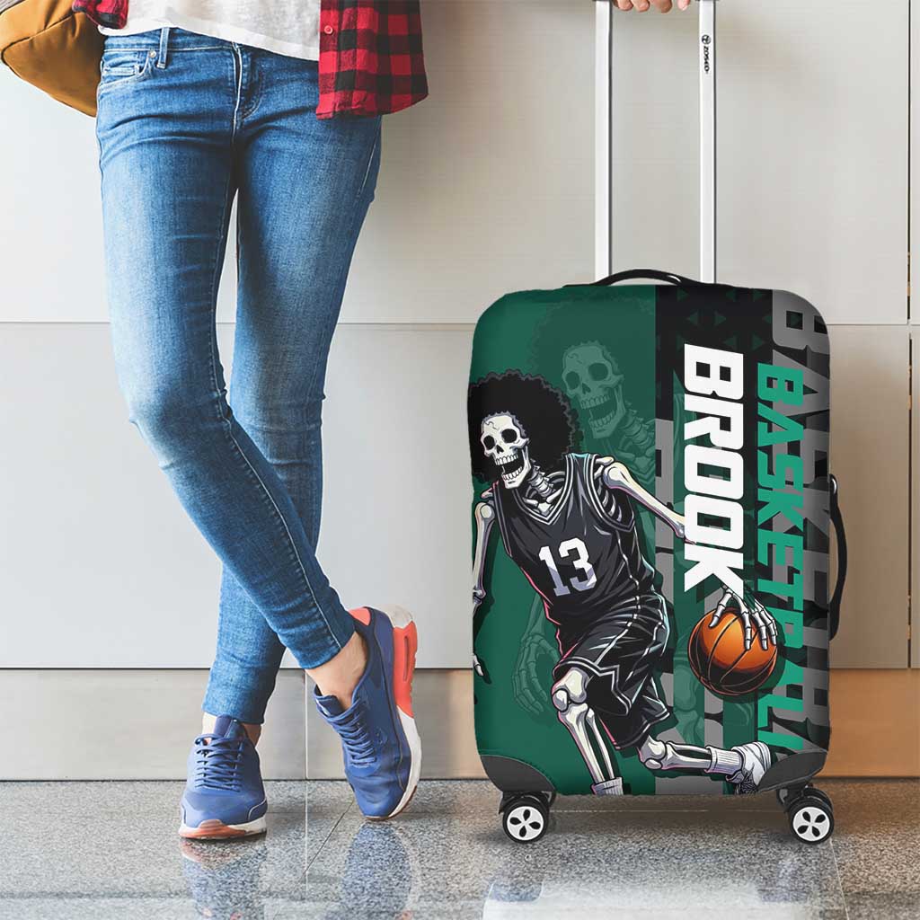 Brook One Piece Basketball Theme Green and Black Design Luggage Cover with Skull Emblem and Energetic Pose - The Mazicc