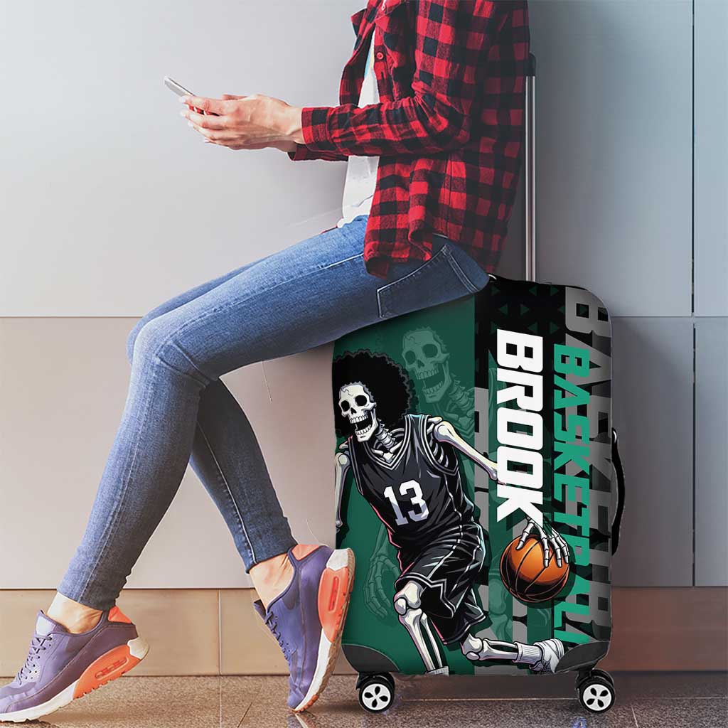 Brook One Piece Basketball Theme Green and Black Design Luggage Cover with Skull Emblem and Energetic Pose - The Mazicc