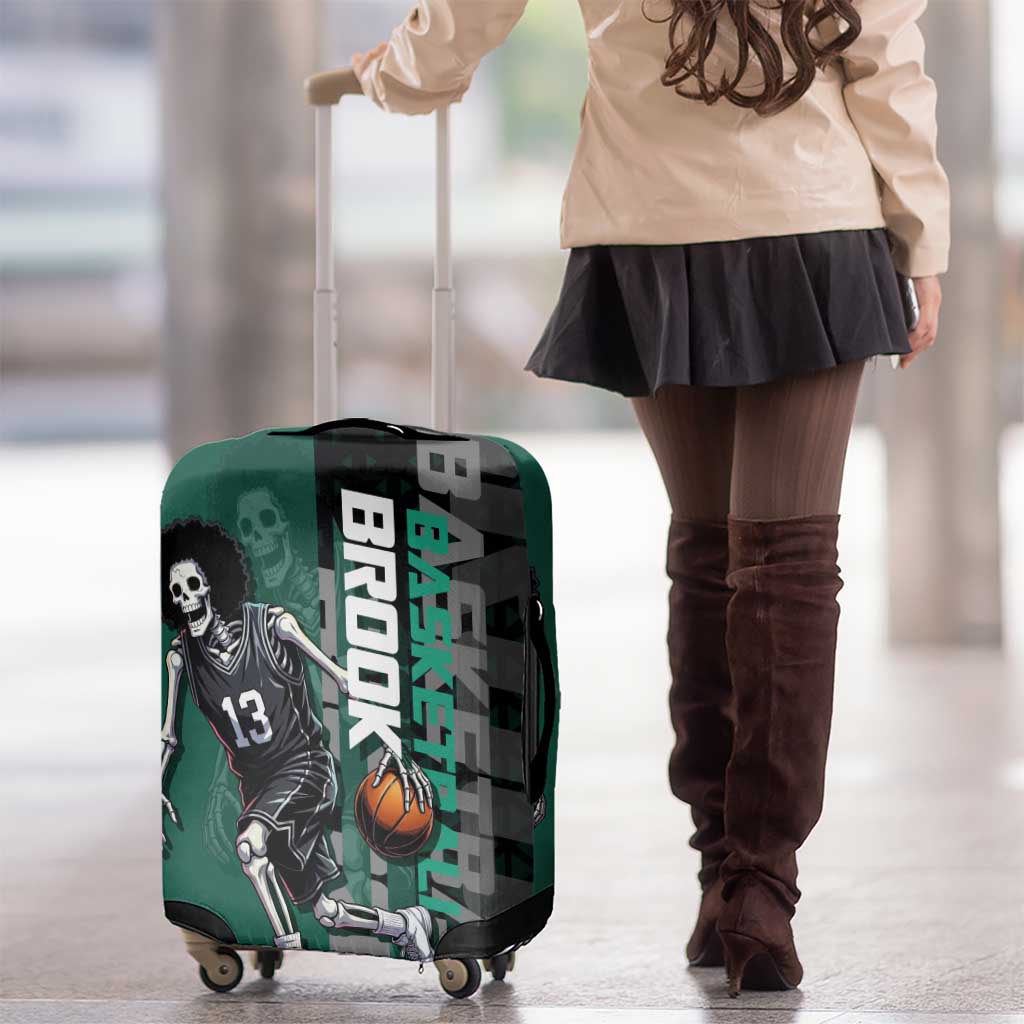 Brook One Piece Basketball Theme Green and Black Design Luggage Cover with Skull Emblem and Energetic Pose - The Mazicc
