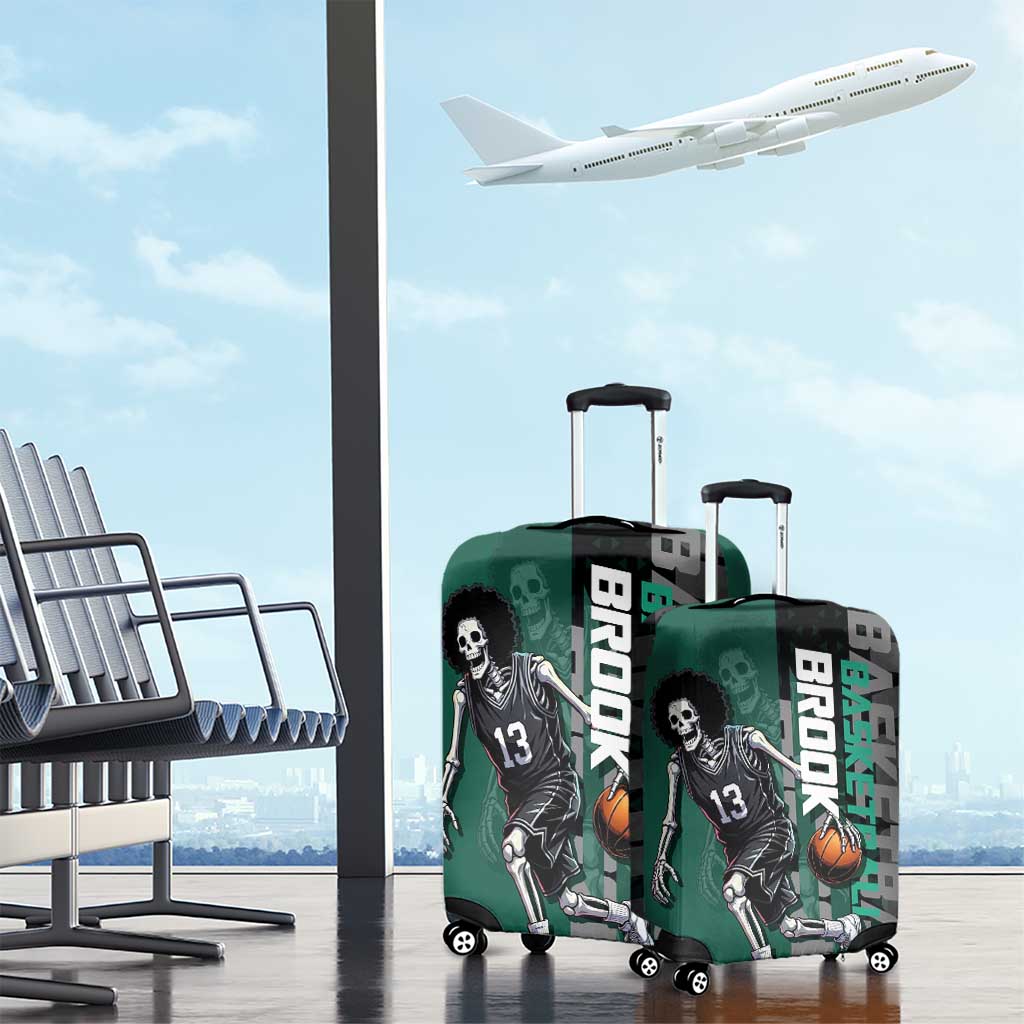 Brook One Piece Basketball Theme Green and Black Design Luggage Cover with Skull Emblem and Energetic Pose - The Mazicc