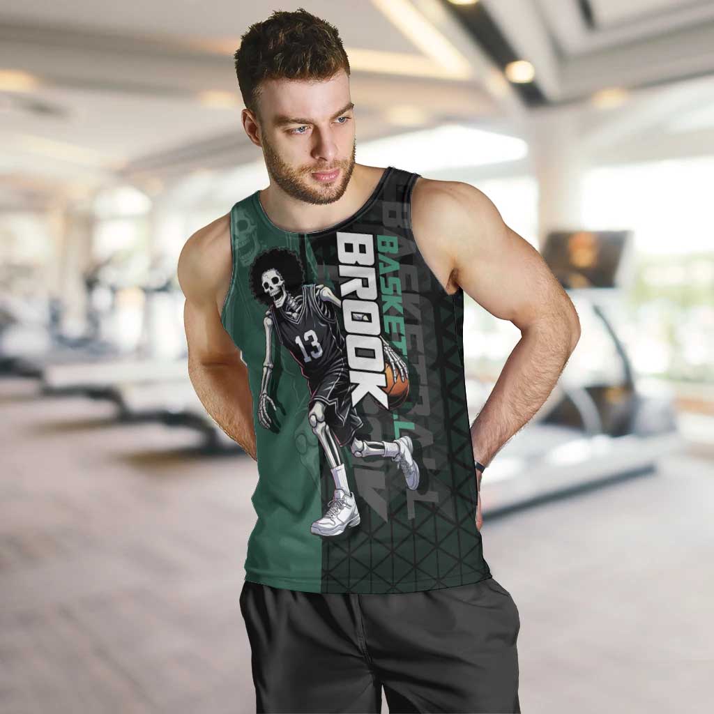 Brook One Piece Basketball Theme Green and Black Design Men Tank Top with Skull Emblem and Energetic Pose - The Mazicc