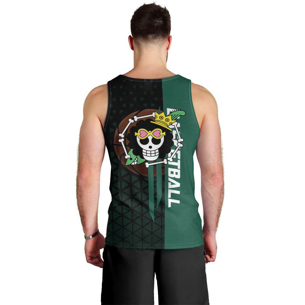 Brook One Piece Basketball Theme Green and Black Design Men Tank Top with Skull Emblem and Energetic Pose - The Mazicc
