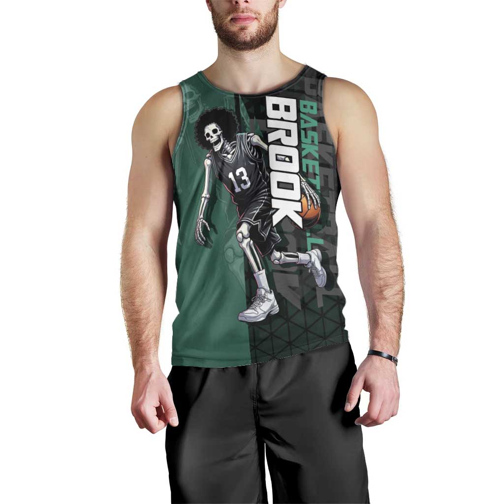 Brook One Piece Basketball Theme Green and Black Design Men Tank Top with Skull Emblem and Energetic Pose - The Mazicc