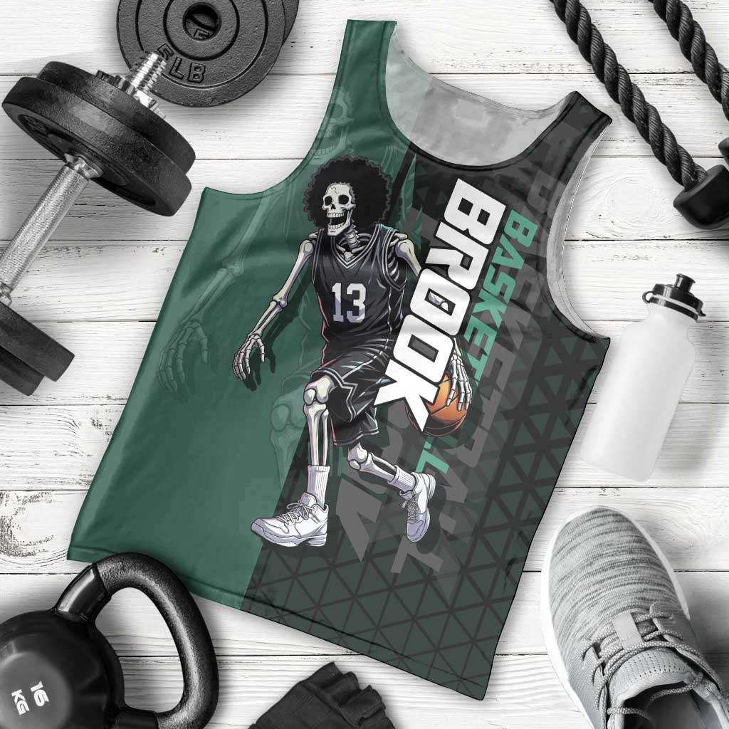 Brook One Piece Basketball Theme Green and Black Design Men Tank Top with Skull Emblem and Energetic Pose - The Mazicc
