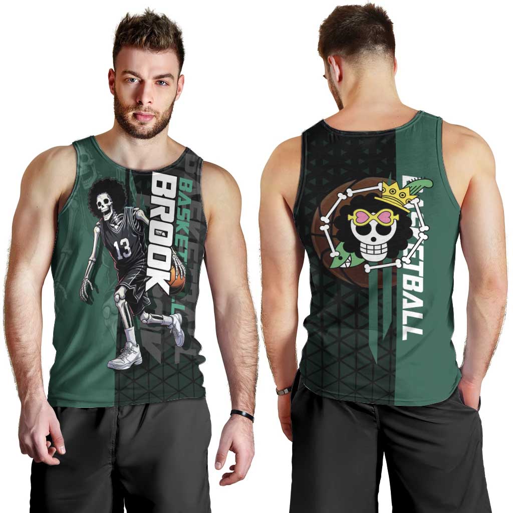 Brook One Piece Basketball Theme Green and Black Design Men Tank Top with Skull Emblem and Energetic Pose - The Mazicc