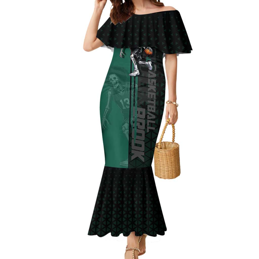 Brook One Piece Basketball Theme Green and Black Design Mermaid Dress with Skull Emblem and Energetic Pose - The Mazicc