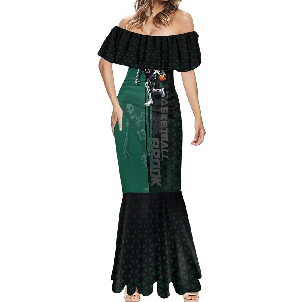 Brook One Piece Basketball Theme Green and Black Design Mermaid Dress with Skull Emblem and Energetic Pose - The Mazicc