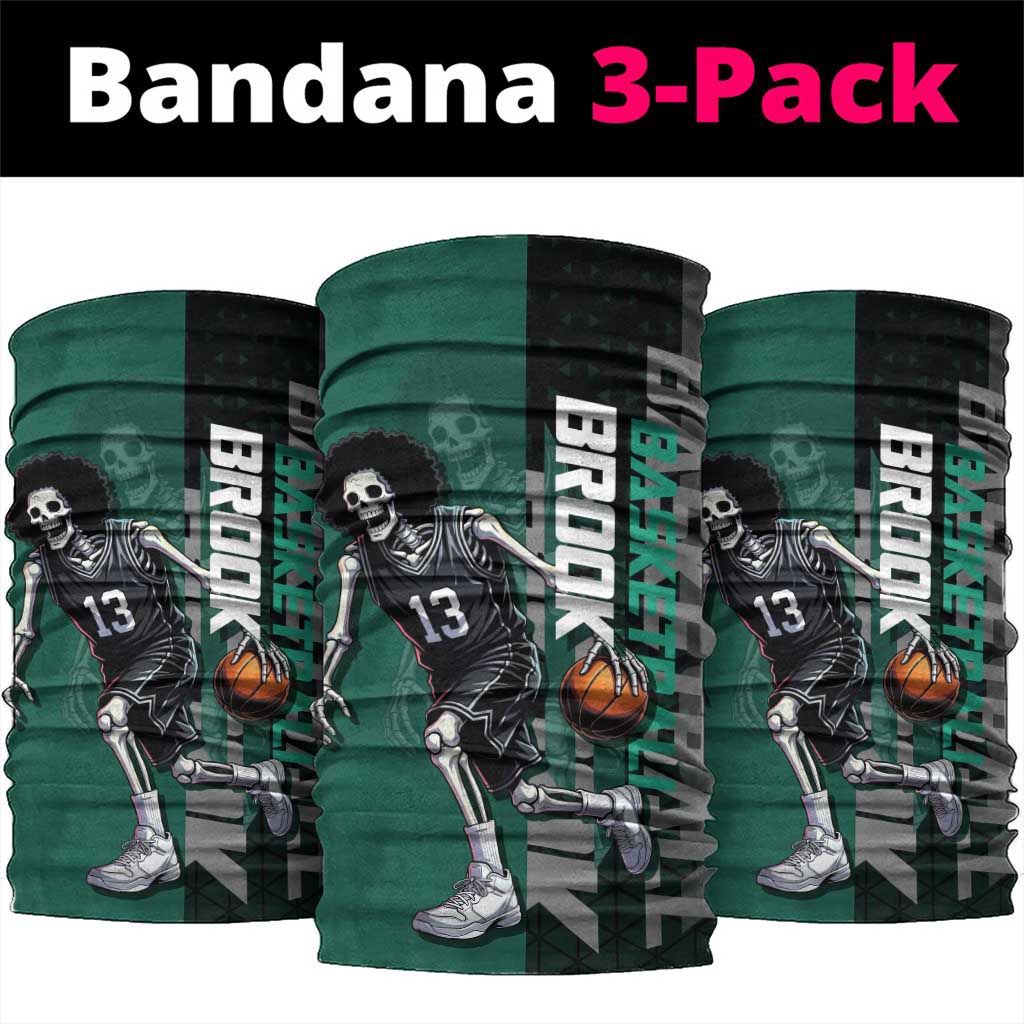 Brook One Piece Basketball Theme Green and Black Design Neck Gaiter with Skull Emblem and Energetic Pose - The Mazicc