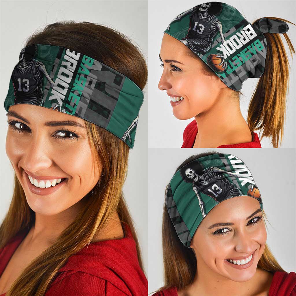 Brook One Piece Basketball Theme Green and Black Design Neck Gaiter with Skull Emblem and Energetic Pose - The Mazicc