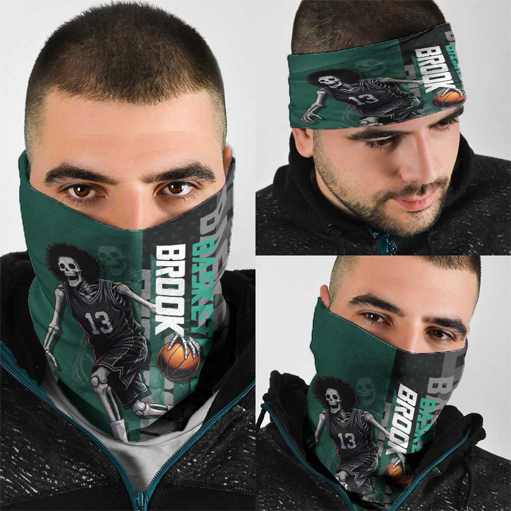 Brook One Piece Basketball Theme Green and Black Design Neck Gaiter with Skull Emblem and Energetic Pose - The Mazicc