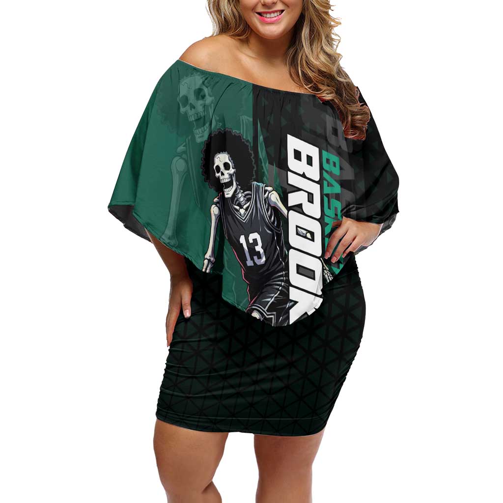 Brook One Piece Basketball Theme Green and Black Design Off Shoulder Short Dress with Skull Emblem and Energetic Pose - The Mazicc